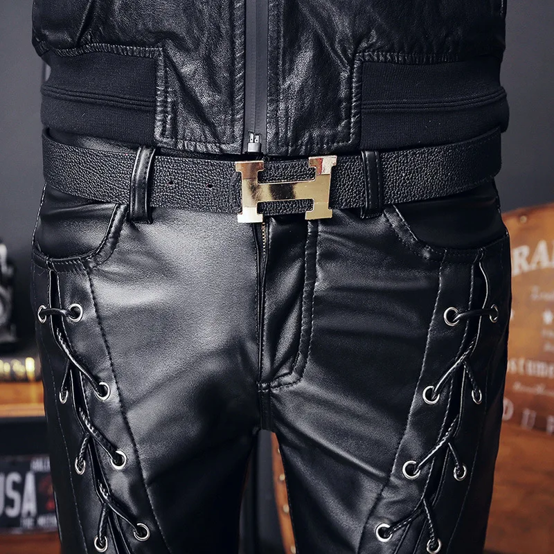 Мужские кожаные брюки зимние утолщенные тонкие мужские из искусственной кожи