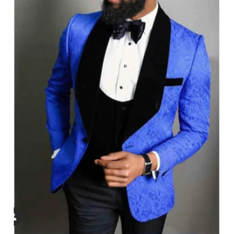 

Royal Blue Floral Black Vest Pant Men Suits Wedding Tuxedo Groom Slim Fit Terno Masculino Prom Blazer 3 Pieces Costume Homme