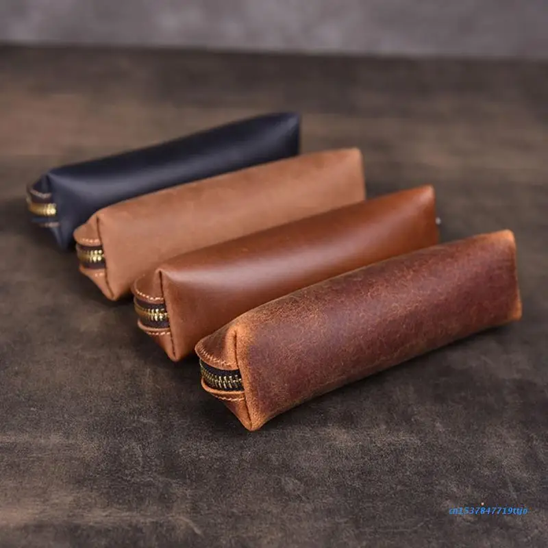 

583D Handmade Genuine Leather Pencil Bag Vintage Retro Style Cowhide Zipper Pen Case School Bag Office Stationery