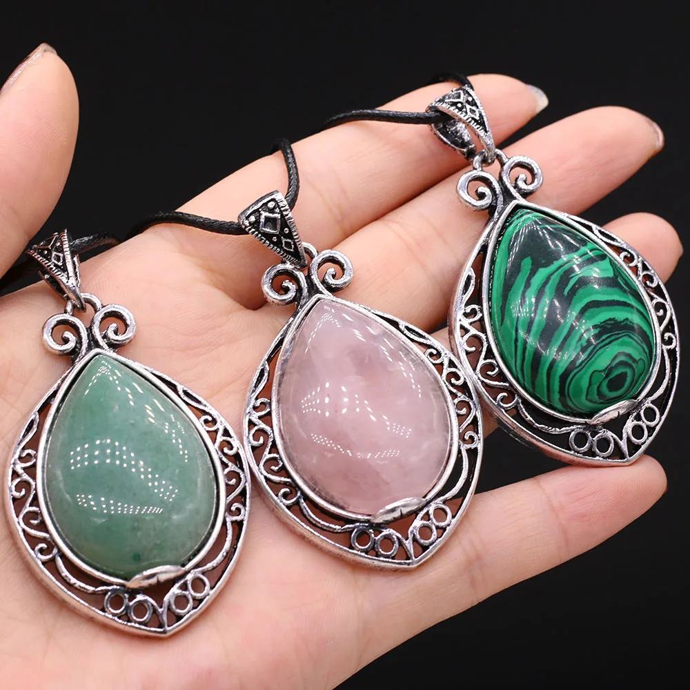 

45cm Natural Green Aventurines Malachite Rose Quartzs Stone Leather Rope Pendant for Women Necklace Accessories Size 35x45mm