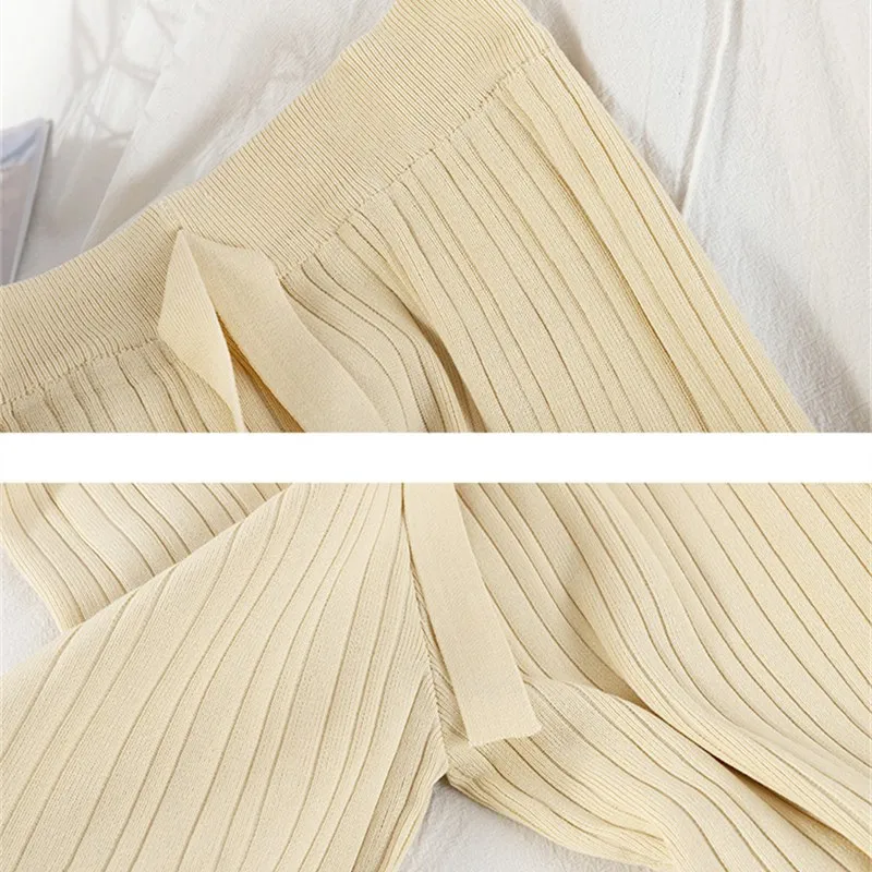 

2021 Spring Summer 2 Pieces Set Knitted Tracksuit Striped Pullover Top + Wide Leg Pants Sweater Suit Chic Pull Femme Outwear