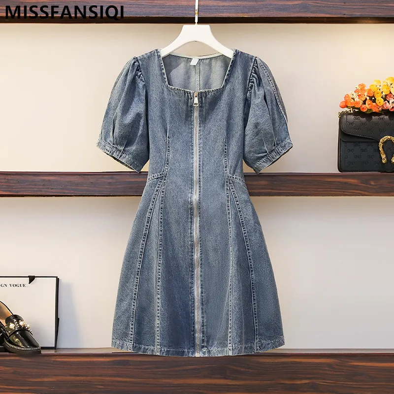 

New Ladies 2021 Summer Plus Size Denim Dress For Women Square Collar Short Sleeve Large Elegant Female Dresses L XL 2XL 3XL 4XL