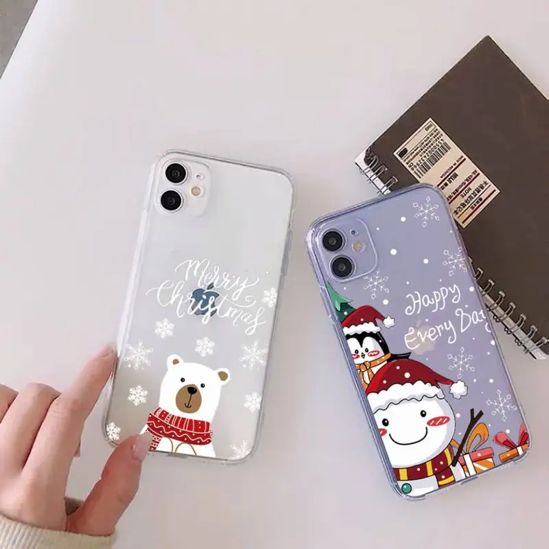 

New year and merry christmas elk bear Phone Case Transparent for iPhone 11 12 13 mini pro XS MAX 8 7 6 6S Plus X 5S SE XR 2020