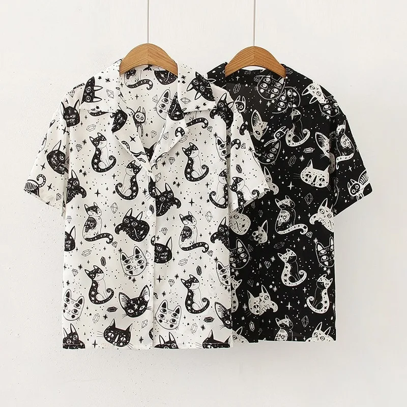 

Женская шифоновая блузка с принтом кошки, повседневная офисная блузка с коротким рукавом и отложным воротником, лето 2020