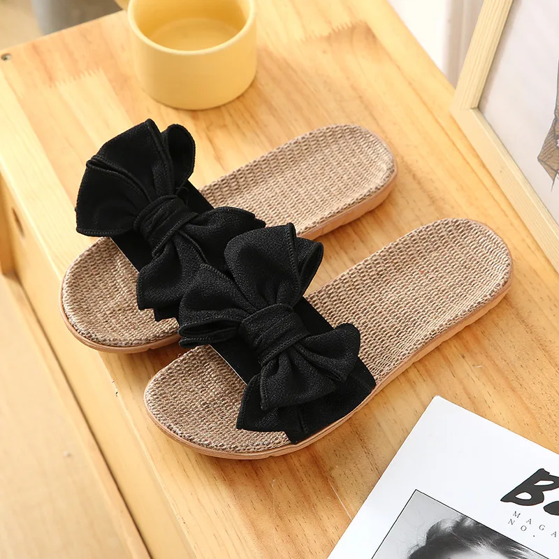 Slippers Women Floor Non Slip Office Cool Slippers Home Lovely Bow Tie Linen Slippers  Mules Shoes Women