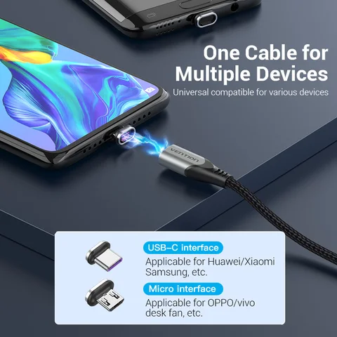 Магнитный кабель Vention USB Type-C, Micro USB, мобильный телефон, 5 А