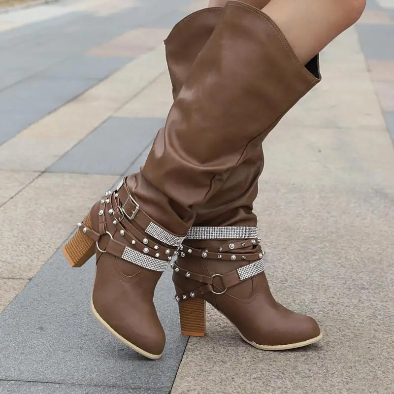 Women Knee High Boots  Low Heels Booties Plus Size Gladiator Pu Leather Knight Shoes Woman