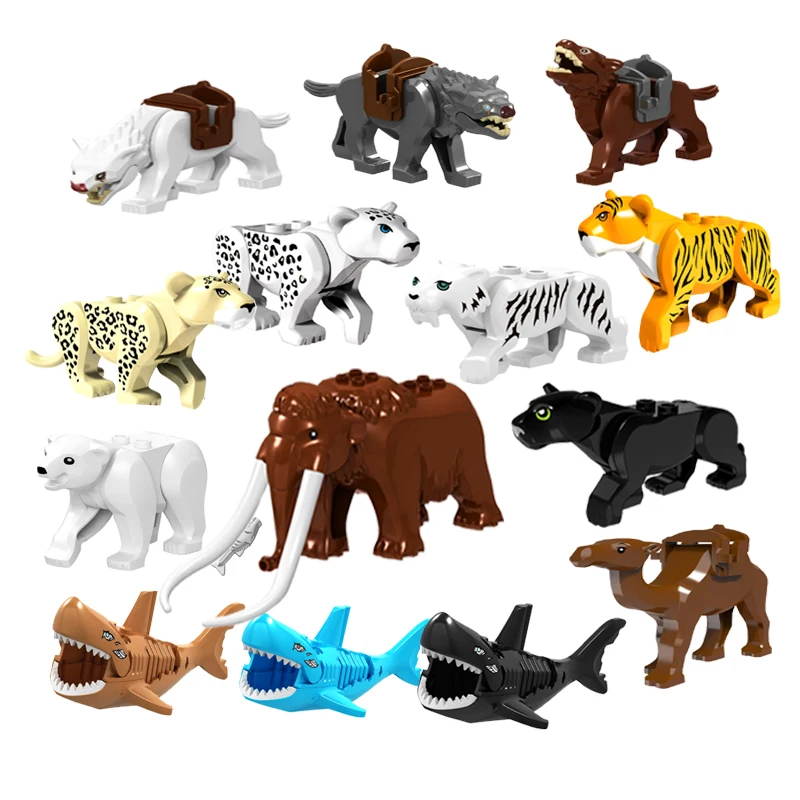 Фигурки животных тигр Лев волк слон Акула динозавр фигурки кирпичи джунгли