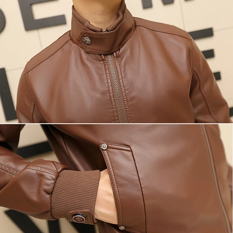 

2019 New Fashion Winter Male Leather Jacket Mens Stand Collar Coats Warm Fleece Leather Biker Jackets Motorcycle Leather Jacket