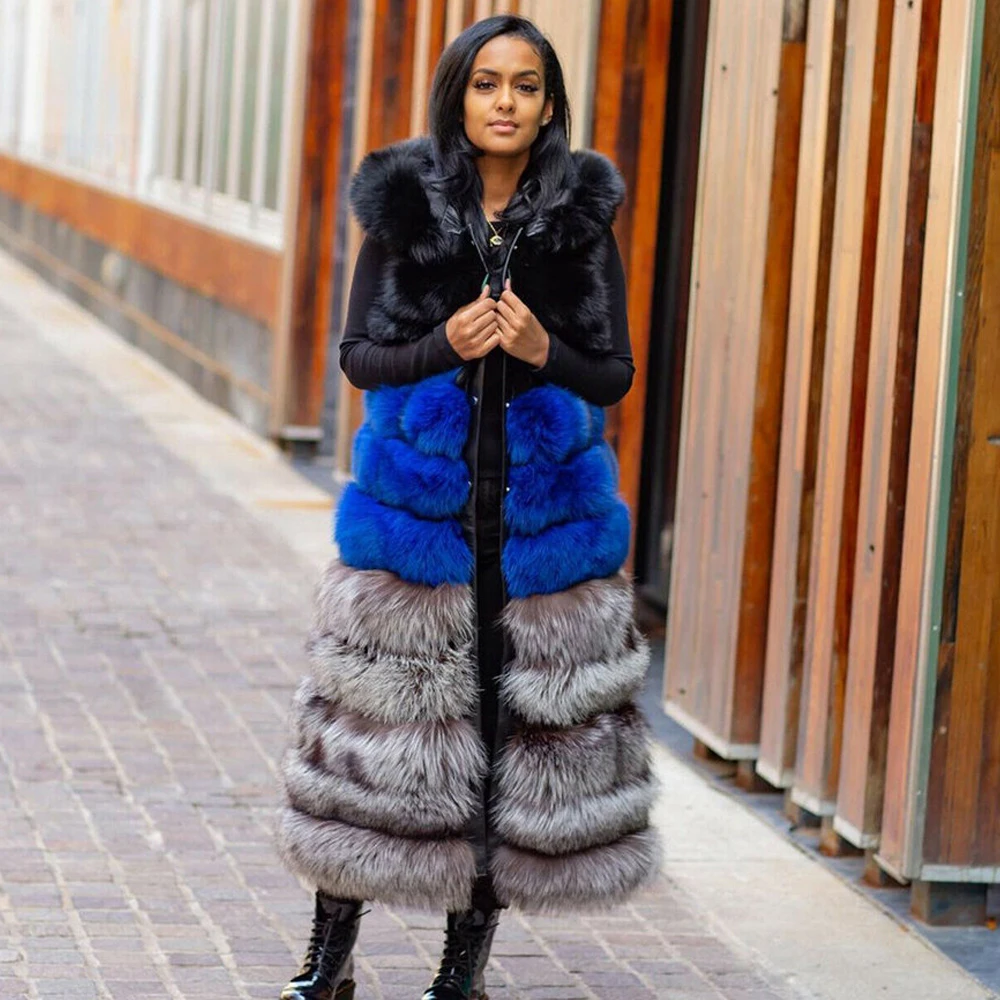 Fashion X-long Real Fox Fur Coat Sleeveless Winter New High Quality Genuine Full Pelt Fox Fur Vest with Hood Thick Fur Overcoats