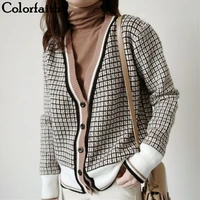 colorfaith new 2021 winter spring womens sweaters plaid fashionable korean style checkered knitting oversize cardigans swc291
