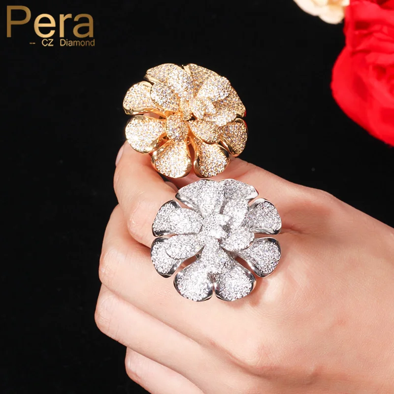 

Pera Luxury Big Flower Shape AAA+ Mirco Pave Cubic Zirconia Rings Jewelry Accessories Wedding Party Finger Ring For Women R096