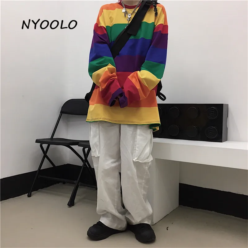 NYOOLO Harajuku винтажная Радужная полосатая Лоскутная свободная футболка Топы Осенняя уличная одежда с длинным рукавом хлопковая Футболка женская одежда