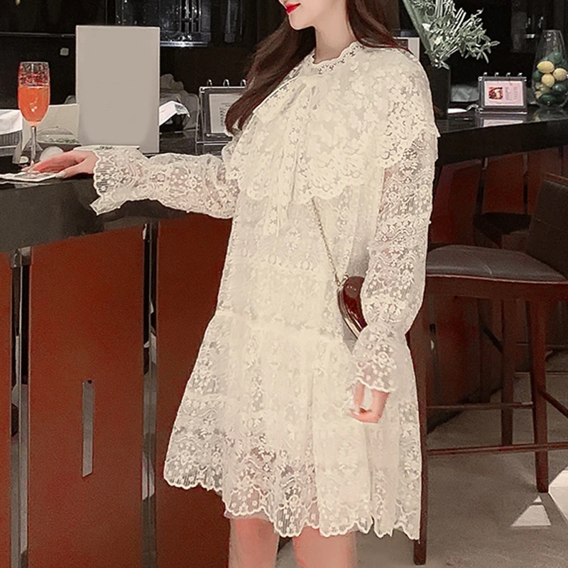 RealShe Peter Pan Collar Women Dress 2020 Flare Sleeve Lace A-Line Ladies Dresses Spring Casual Elegant Sweet Short |