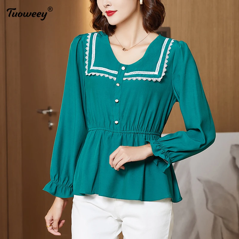 

5XL размера плюс Лоскутная женская зеленая блузка с оборками 2021 модная Осенняя свободная элегантная рубашка с длинным рукавом Женские повседневные топы