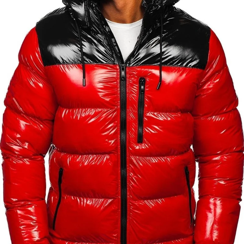 

2021 Autumn and Winter New Cotton Jacket Men's Thickened Warm Bright Cotton Jacket Hooded Jacket Color Matching Jacket