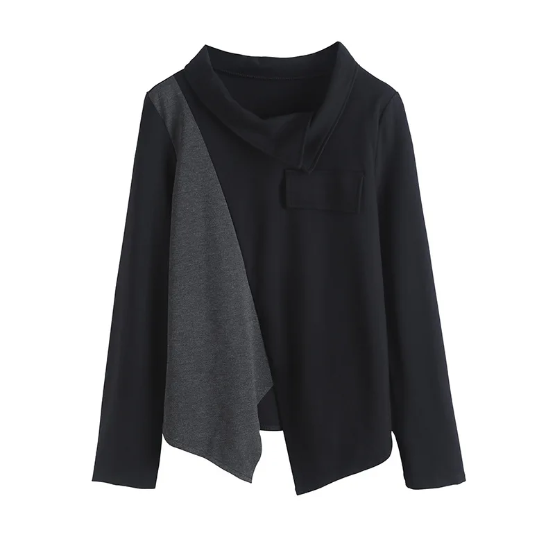 

SuperAen New Black Irregular Streetwear Full Shirt Collar Slim Cross Top Solid Sweatshirt Women