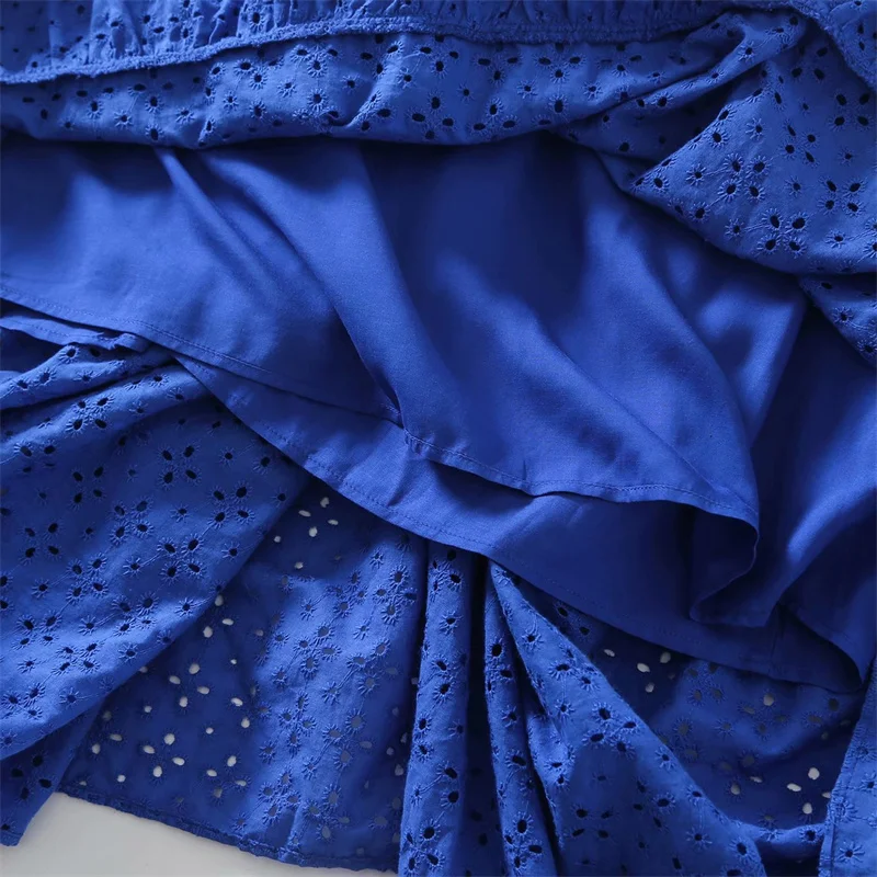 

Summer Embroidered Openwork Midi Dress Women Za 2021 Blue Ruffle Straps Smocked Elastic Dresses Sexy Club Backless Woman Dress