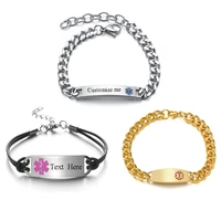 free engraving name id medical bangle bracelet diabetic stainless steel medical logo leatherchain bracelet men women jewelry