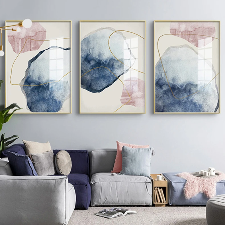 Скандинавский стиль розовая и синяя Настенная картина абстрактный холст плакат