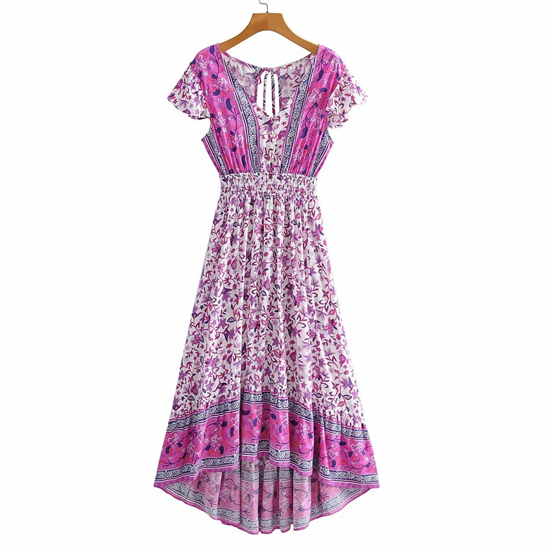 

Sexy Backless Floral Print Long Dress Women V Neck Elastic Waist A-line Holiday Boho Dress Ladies Summer Short Sleeve Vestido