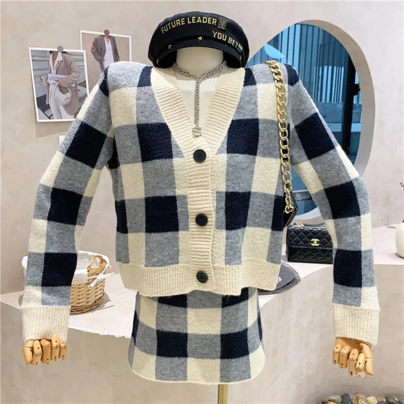 

Female Plaid Knitting Two Piece Sets Autumn Knitting Short Jacket Outerwear High Waist Mini Skirt Suit Chic Streetwear