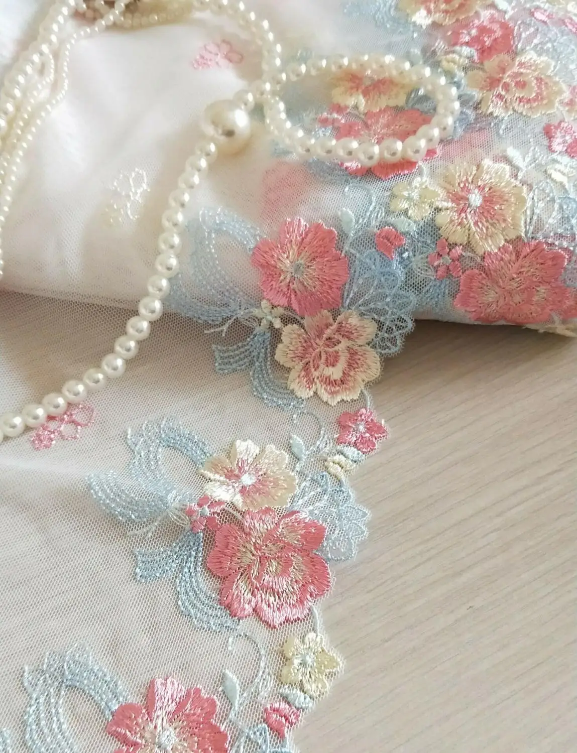 Великолепная Тюлевая кружевная отделка синие розовые цветы Цветочная вышитая