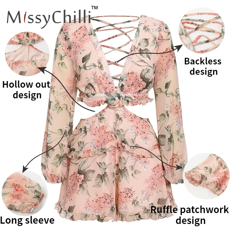 Женский шифоновый комбинезон с v образным вырезом и открытой спиной|Комбинезоны c