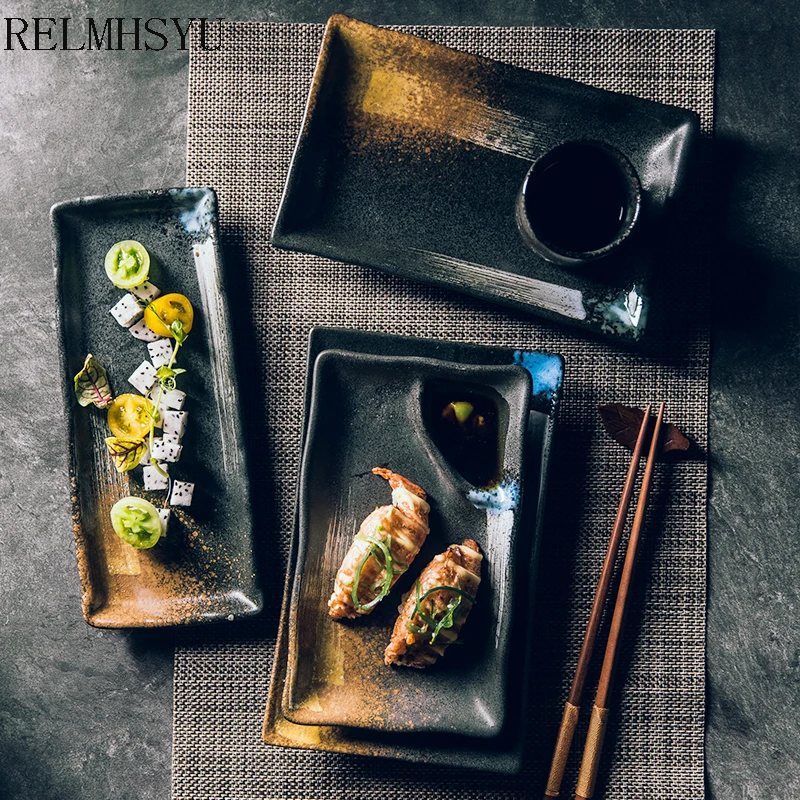 

1PC RELMHSYU Japanese Style Ceramic Porcelain Retro Rectangular Sushi Dumpling Dessert Flat Dinner Plate Home Tableware