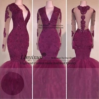sexy red lace prom dresses long sleeves mermaid 2020 african formal evening gowns illusion black girls long pageant prom dress