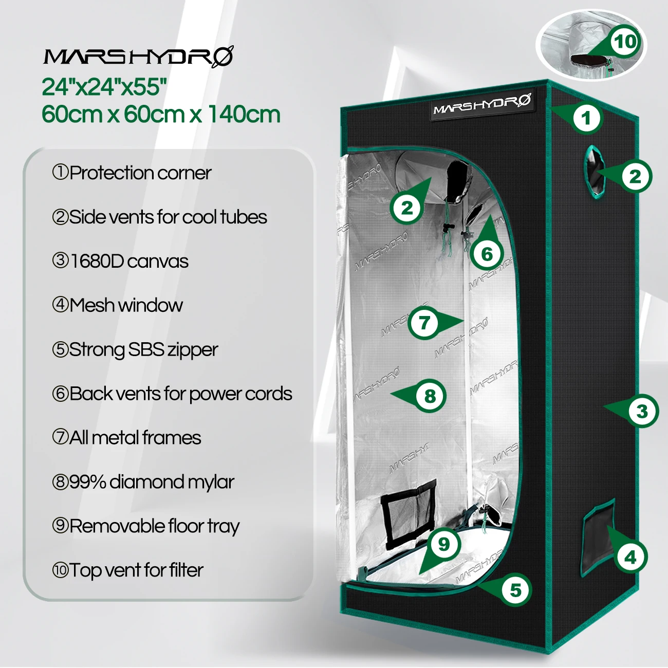 MarsHydro 1680D 60x60x140 см расти палатку алмазного майлара крытая гидропоника шатер для