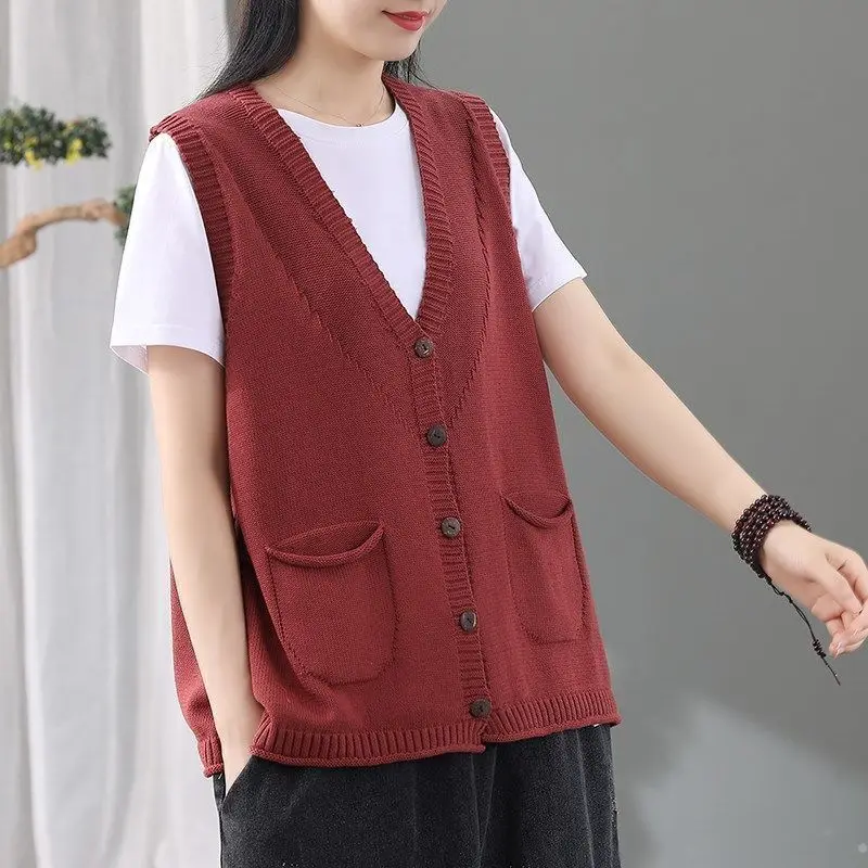 

Literature and art RETRO knitted vest women's 2021 spring and summer new loose V-neck Cardigan Sweater Vest outerwear top