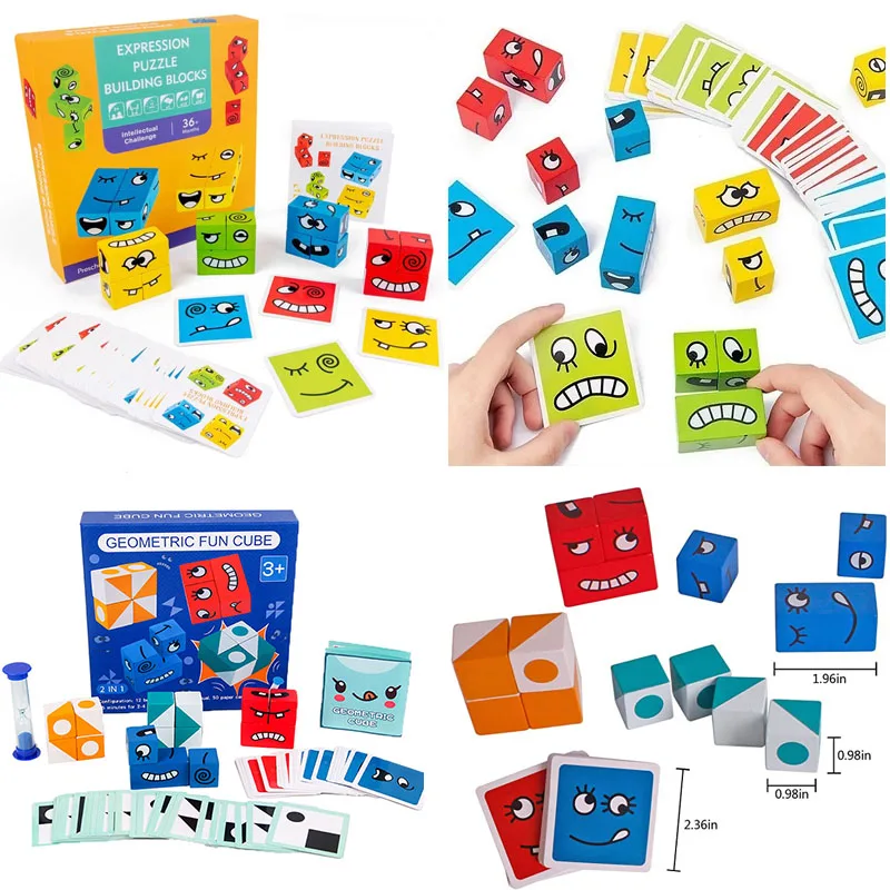 Деревянный веселый куб Монтессори с геометрическим рисунком меняющий лицо