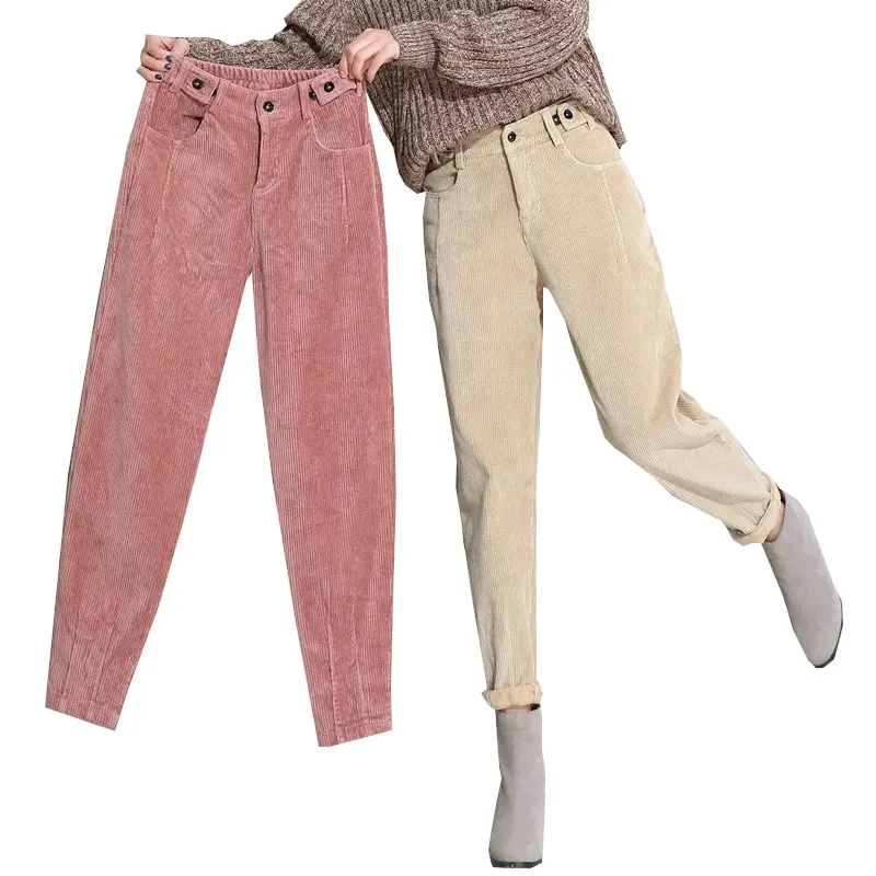 

Winter High Waist Women Corduroy Pink khaki Harem Pants Large size Loose Solid Casual Button Pant Velvet Warm Ladies Trousers XL