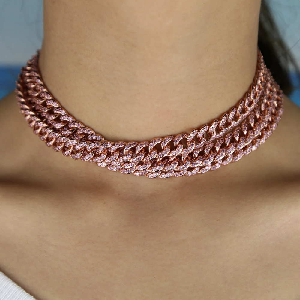 

Delicate Trendy Miami Curb Cuban Chain Necklace 38CM Rose Gold Color Paved Mini Pink CZ Bling Rapper Necklace Women Fine Jewelry