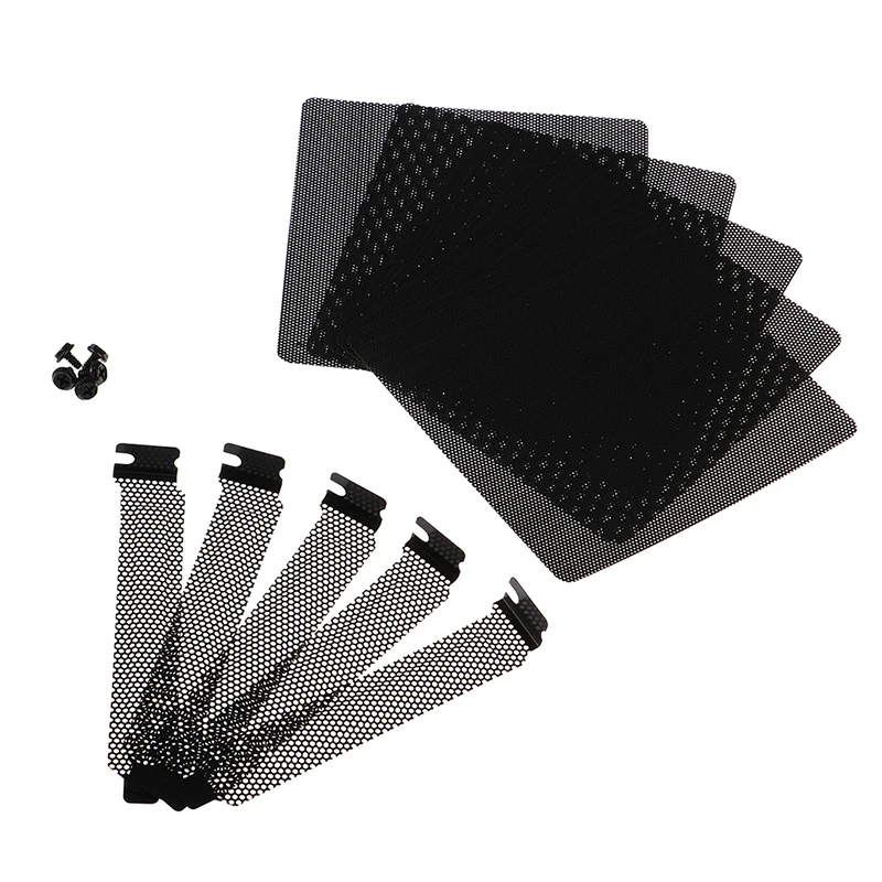 

5pc 12mm PVC Computer PC Cooler Fan Filter Black Dustproof Case Cover Mesh Pack + 5pc Dust Filter Blanking Plate PCI Slot Cover