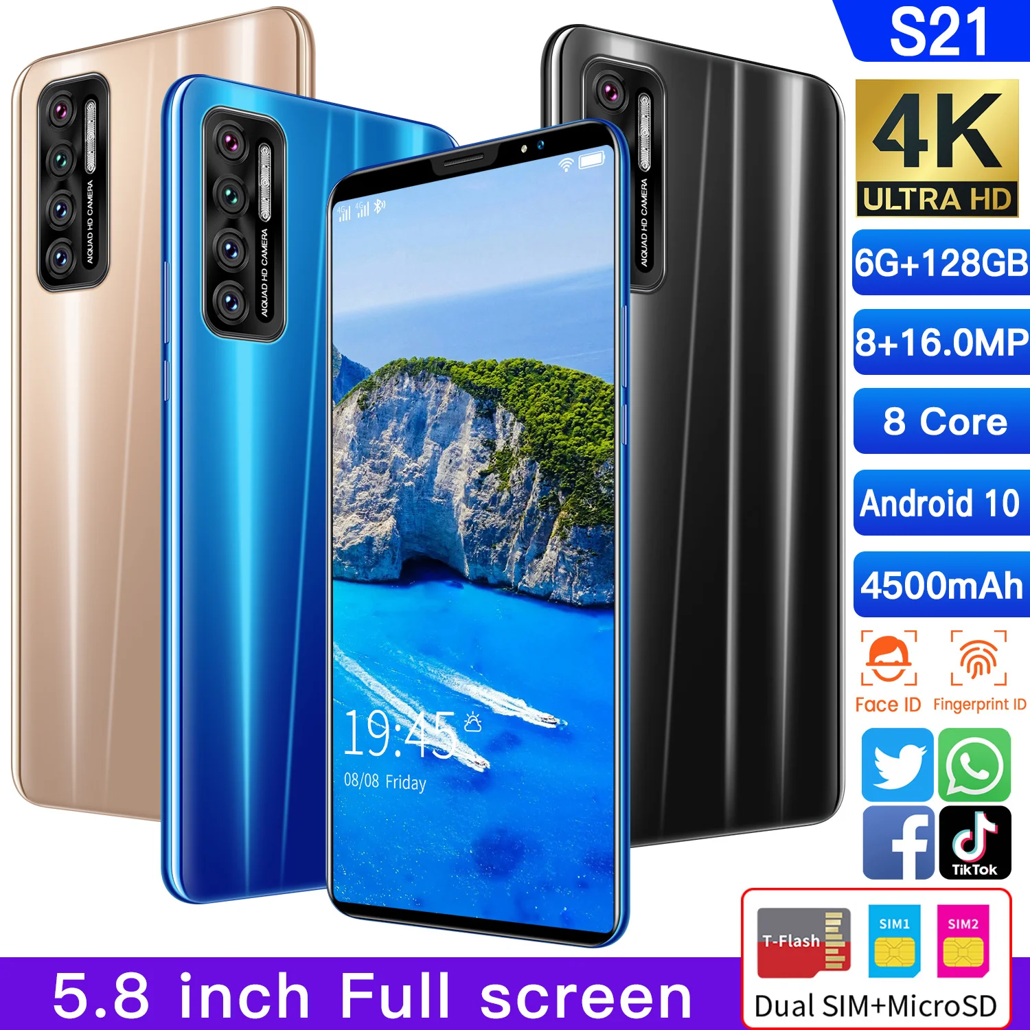 

New S21 5.8 Inch 6+128GB 8+16MP Face ID 8 Core Andriod 10 Smart Phone 4500mAh Dual SIM+Micro SD 4G Network Mobile Phone Celular
