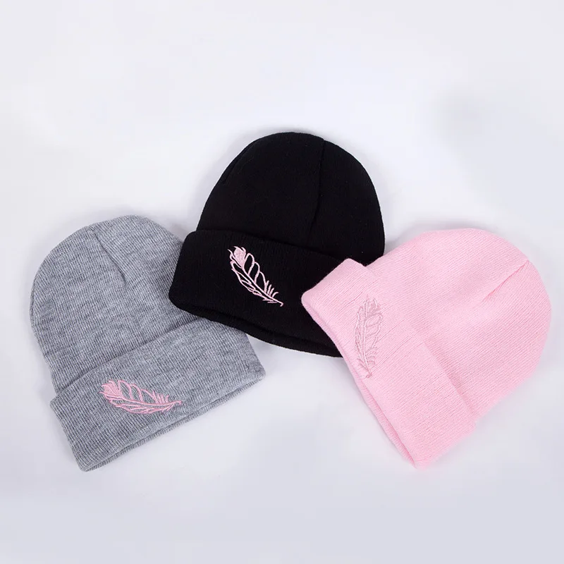 

Soft Knitted Cap Female Women's Cotton Beanies for Girl Winter New Embroidery Leaf Warm Hats Solid Bonnet Autumn Skullies