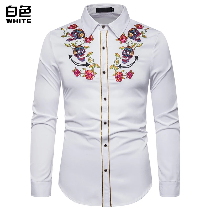 0 White Shirt Брендовая мужская рубашка высокого качества с вышивкой черепа, рубашка, приталенная Повседневная ковбойская рубашка с длинными рукавами, европейские размеры, рубашки размера XXL - Цвет: 0 White Shirt