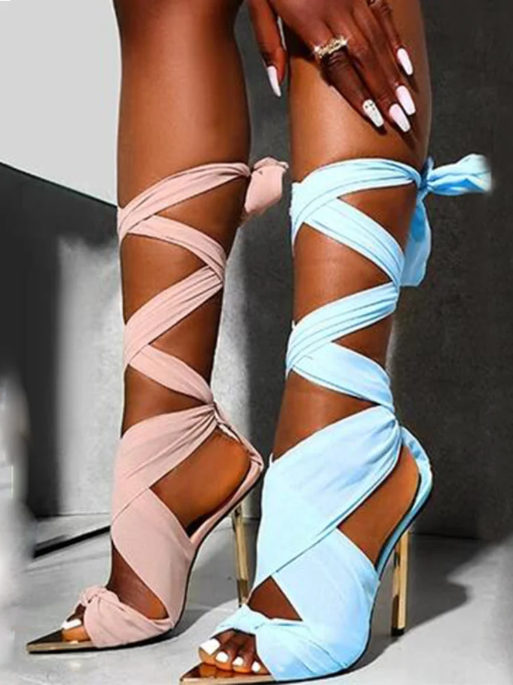 

Electroplated Stiletto Sexy Women's Sandals Ankle Cross Straps Metal Pointed Toes Ribbon Women's Shoes Catwalk Open-Toed Sandals
