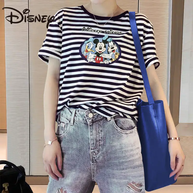 

Disney Summer Trendy Korean Style Printed Striped Top Women's Cartoon Mickey Series Pure Cotton Loose Short Sleeve T-shirt