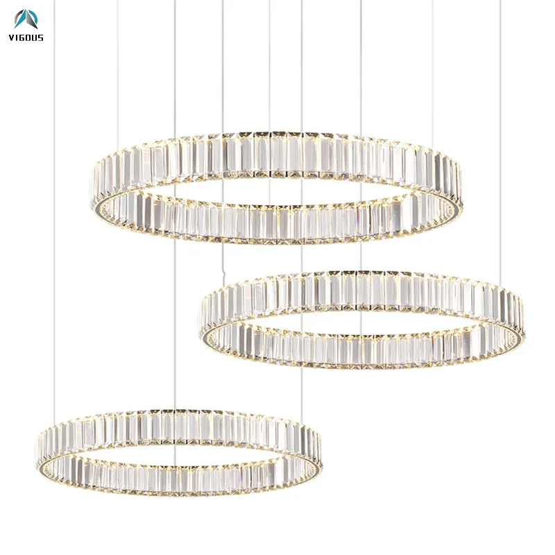 

Modern Luxury Villa Stairs Led Pendant Lights Lustre K9 Crystal Steel Dimmable Led Suspend Lamp DIY Ring Hanging Lamp Fixtures