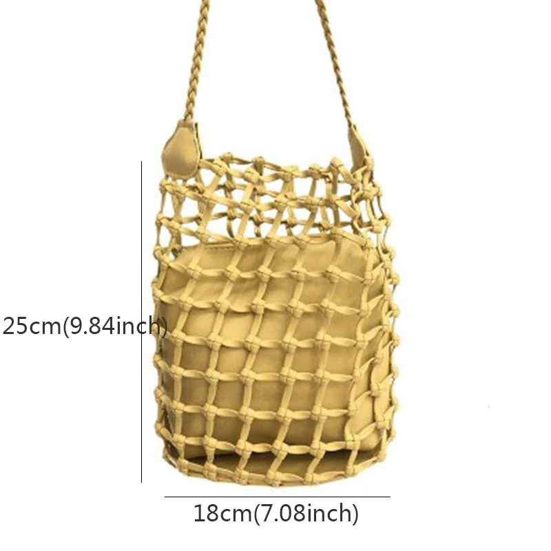 

Hollow Mesh Bucket Bags Large Capacity Hollow Weave Women Shoulder Bag Leather Hand-Woven Beach Bag Tote Handbags Knitting Bags