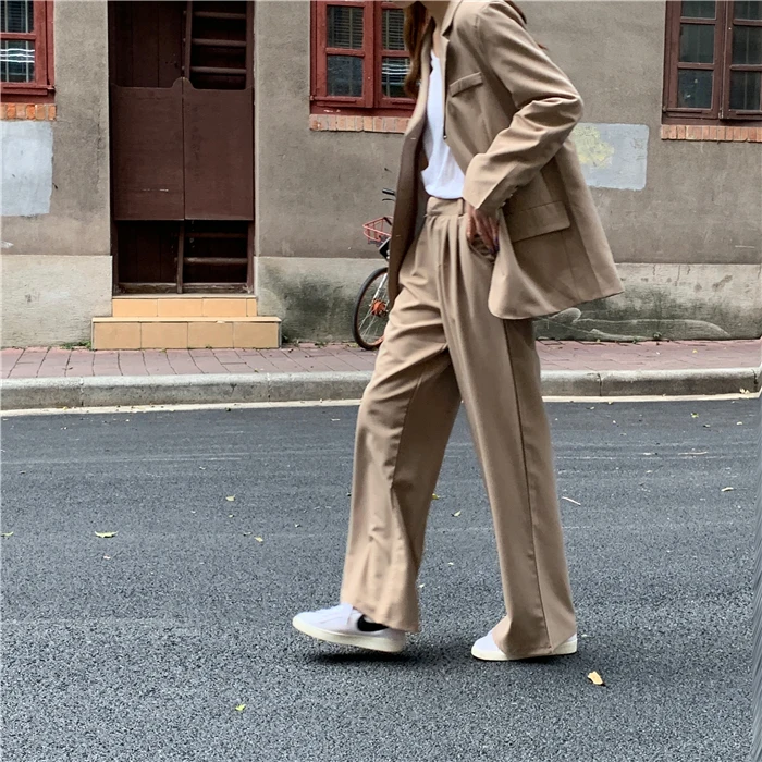 HziriP Autumn All Match Office Lady OL Style Solid Elegant Blazer+Straight Casual Loose Trouser Women Suits 2 Piece Sets