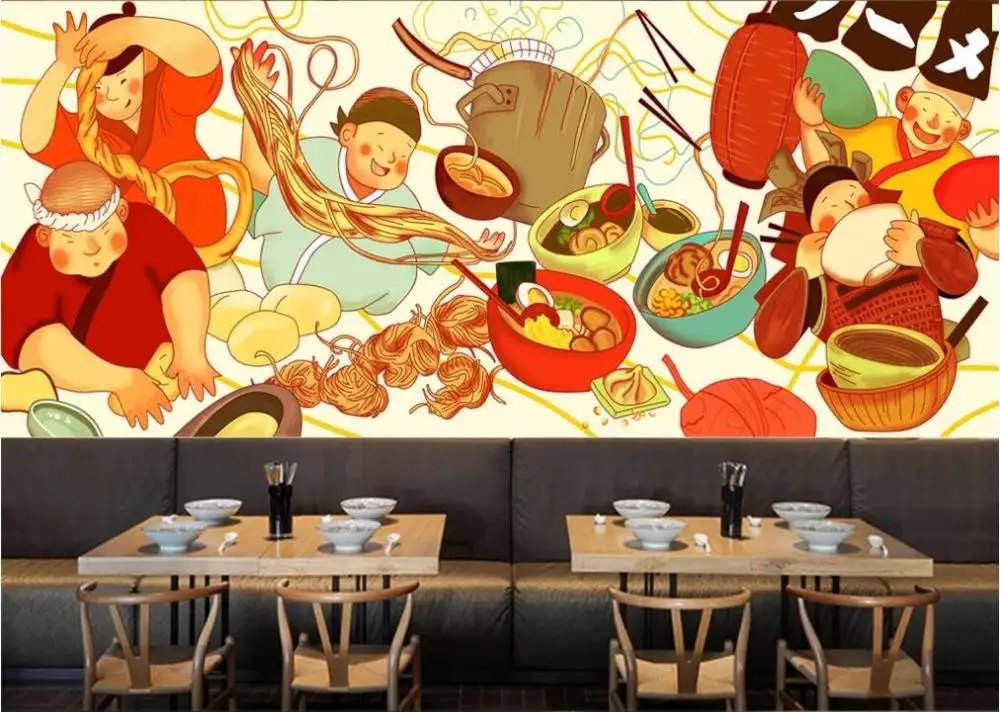 3D фотообои на заказ. Ручная роспись красочного японского ресторана рамен и закусочной. Декоративные настенные фрески для стен 3D.