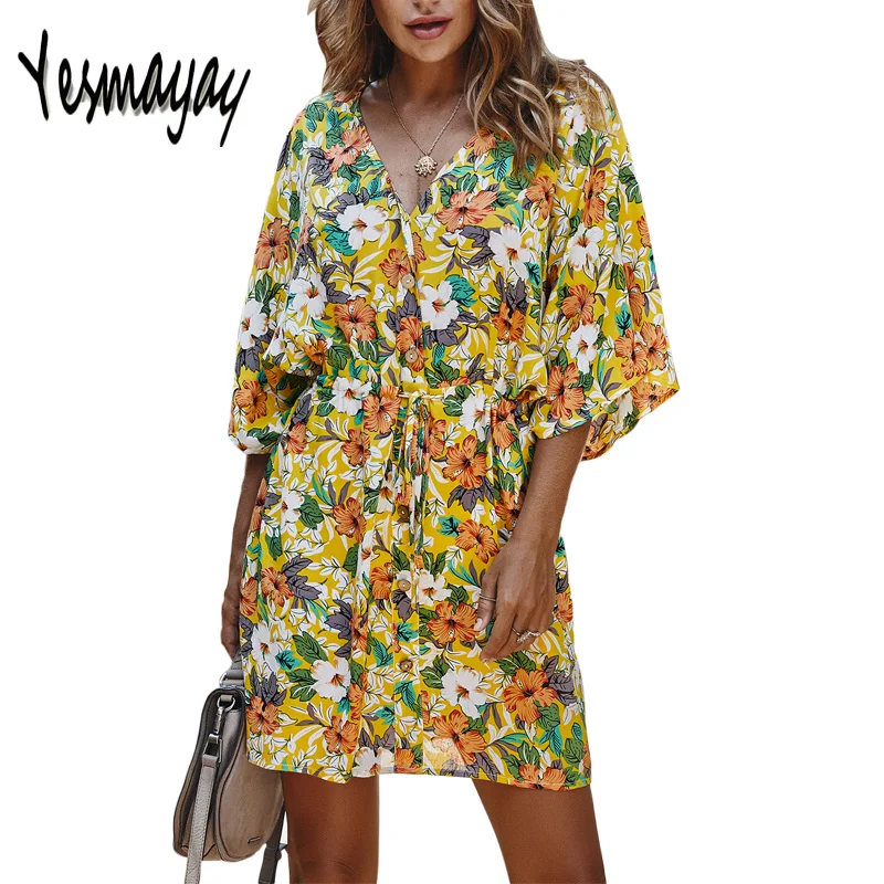 Модное женское летнее пляжное платье 2020 с рукавом летучая мышь повседневное