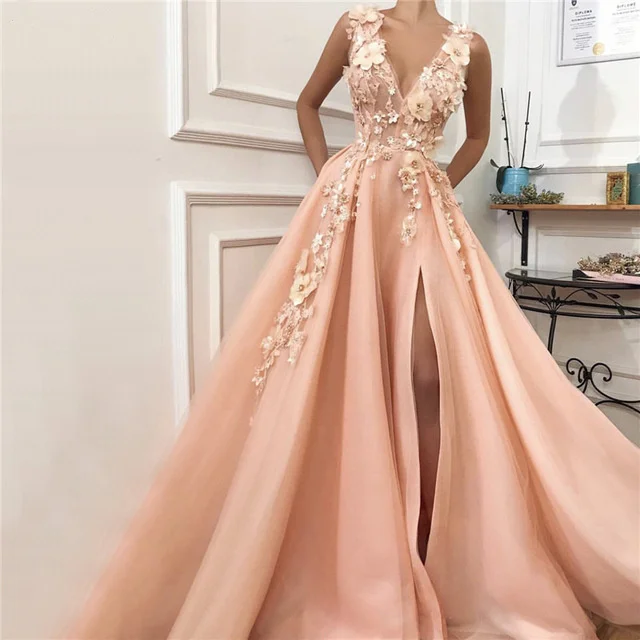 

Peach Pink 3D Flower Sexy Evening Dresses V Neck Diamonds Spaghetti Strap Slit Tulle Evening Gowns 2019 Long Dress