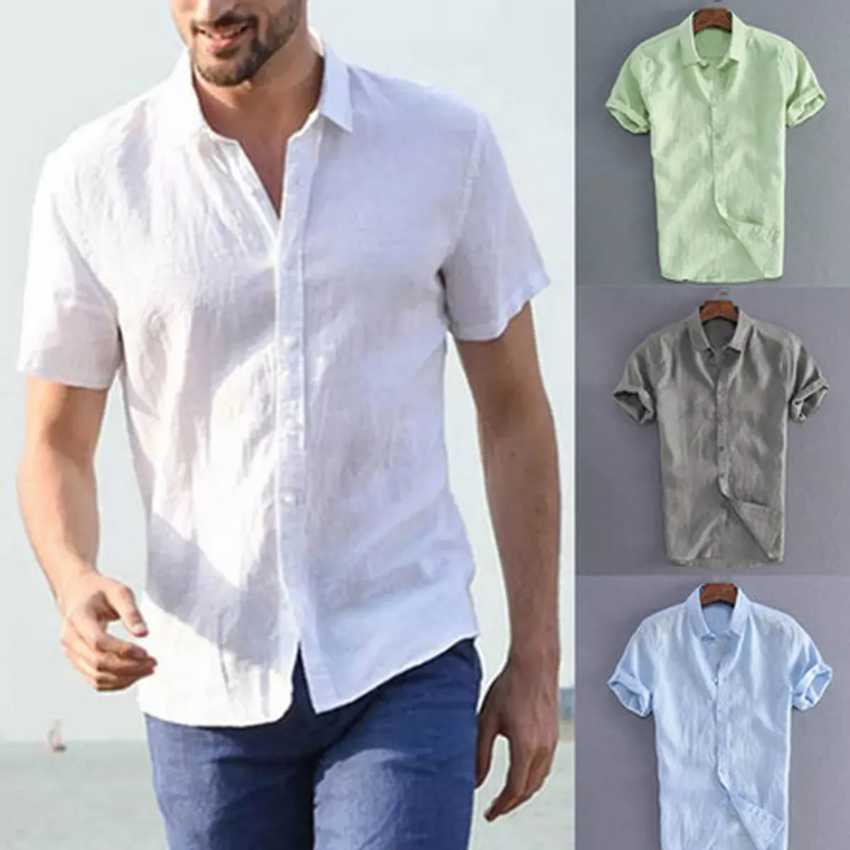 Рубашка мужская с коротким рукавом льняная Хлопковая сорочка на пуговицах