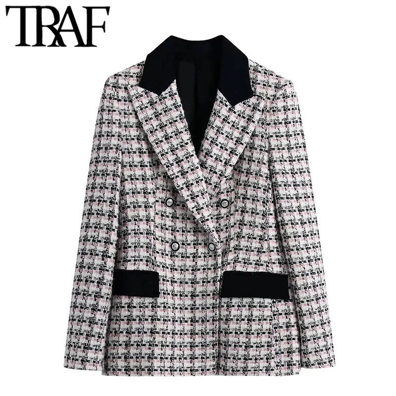 

TRAF Women Fashion Double Breasted Check Tweed Blazer Coat Vintage Long Sleeve Pockets Female Outerwear Chic Veste Femme