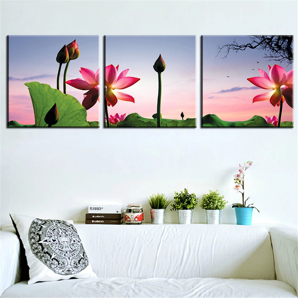 

3 Pcs Modular Canvas Painting Home Decor Wall Art Landscape Lotus Poster HD Printed Picture Modern Style For Living Room Framed